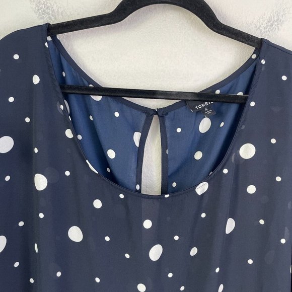 Torrid Womens Plus 4X Navy Sheer Polka Dot Blouse Button Up Back Shirt Top - Picture 7 of 14